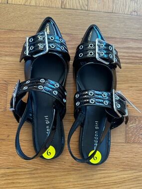 Black Patent Pointed Slingback Flats with Buckle Straps Moto Ganni vibe